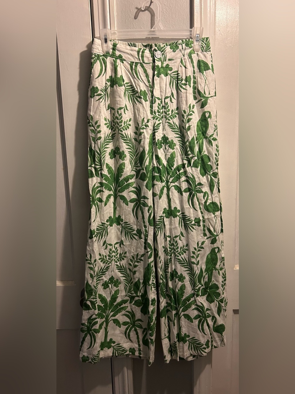 C&C California Tropical Foliage Wide-Leg Linen Pants Green & White Small with po